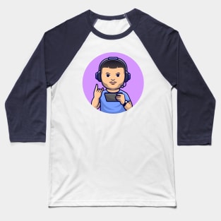 Cute Man Gamer Playing Game With Headphone Cartoon Baseball T-Shirt